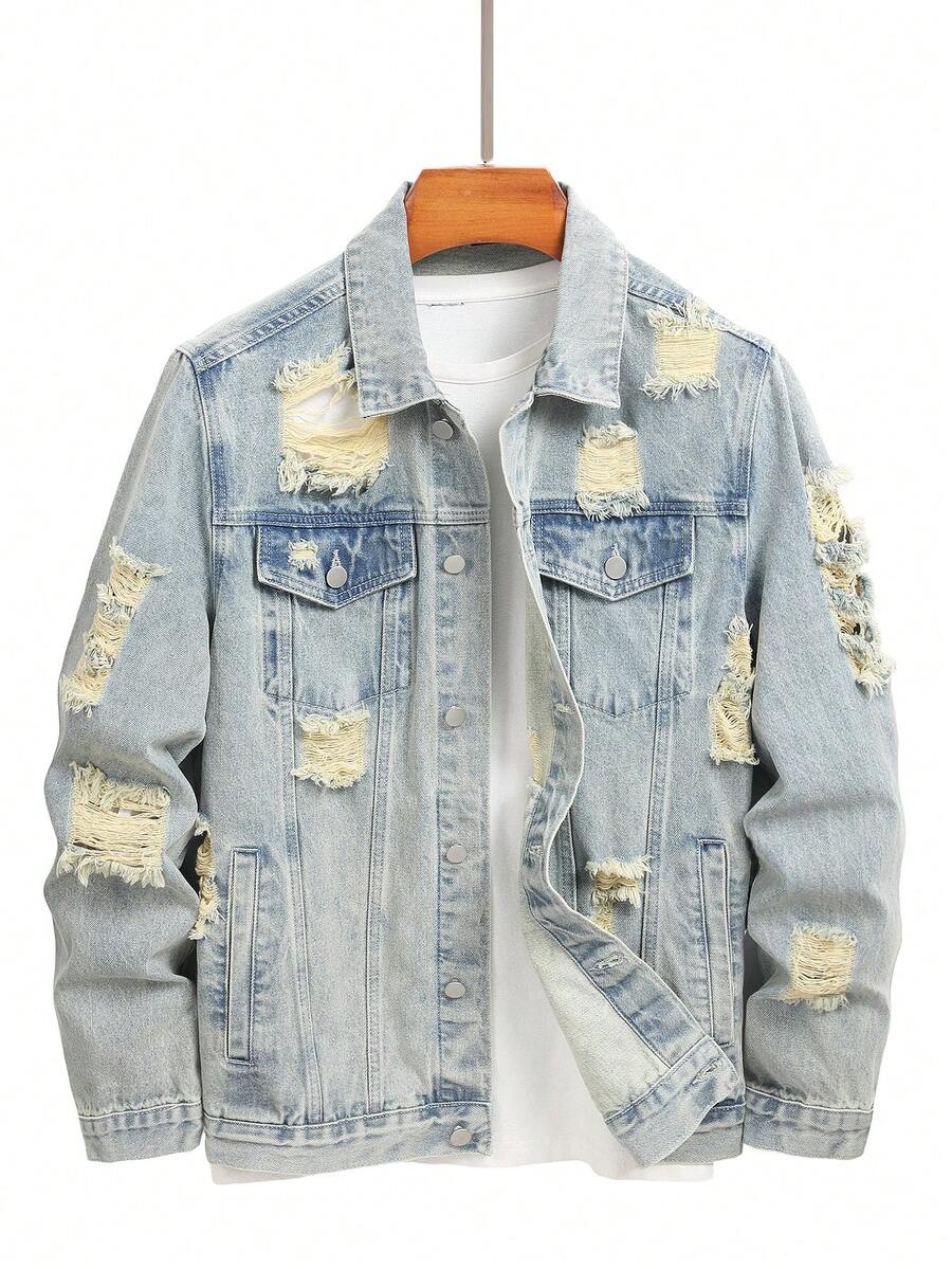 Chillumni Men's Casual Distressed Blue Denim Jacket, Street Style - Light Wash - View 1
