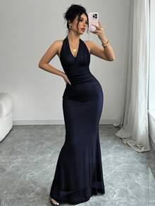 Rafferiza Đầm dài bodycon đuôi cá cổ chữ V xếp ly lưới lót màu đỏ hồng thanh lịch dành cho nữ, mùa thu/đông - Màu xanh hải quân - Xem 5