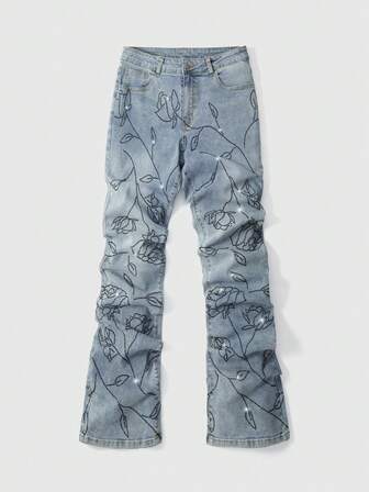 Men's Rhinestone Floral Print Pocket Pleated Flare Jeans