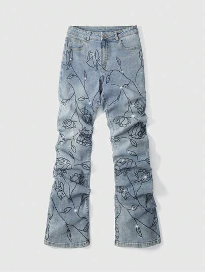 Jeans acampanados con pliegues, estampado floral y aplicaciones de rhinestones para hombres