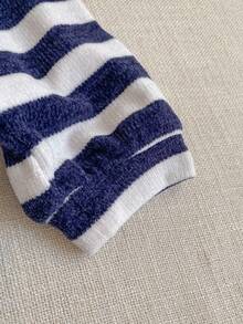 PrepCrw 1 件年轻女孩优雅都市百搭经典蓝白条纹领半拉链长袖运动衫，适合上学、休闲外出、旅行、聚会、度假、秋冬季 - 藍白色 - 查看 5