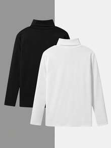 SHEIN 2pcs/Set Teen Boys Turtleneck Thermal Lined Long Sleeve Top,White&Black,Casual Comfortable Ribbed Trim,Suitable For Back-To-School,Autumn,Graduation - Black and White - View 2