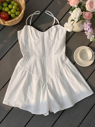 Comfortcana Women's Solid Color Spaghetti Strap Loose Fit Ruffle Hem Jumpsuit New Year's Outfit For Women