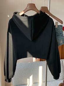 Comfortcana 秋冬字母图案落肩短款抽绳连帽衫、长袖上衣 - 黑色 - 查看 2