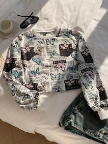 SHEIN EZwear Bluza z krótkim rękawem i wzorem motyli i napisów, z długim rękawem, jesień/zima - Wielokolorowe - Zobacz 4