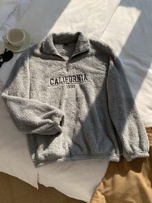 SHEIN EZwear 刺绣半拉链立领毛茸茸卫衣，带文字细节，秋冬长袖上衣