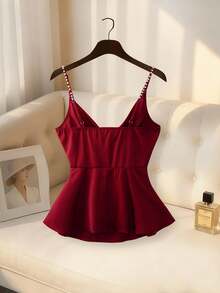 Franclia Women's Elegant Satin Solid Color A-Line Hem Pearl Strap Camisole Top, Suitable For Party - Red - View 2