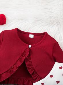 SHEIN Explorewe 女童碎花连衣裙，配腰带和荷叶边下摆开衫套装 - 紅色 - 查看 3