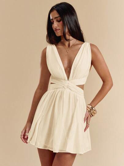 SHEIN BAE Vestido corto de gasa blanca con escote en V, espalda descubierta y tirantes con lazo, vestido blanco, vestido de graduación, vestido de vacaciones, primavera/verano