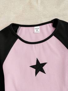 SHEIN Áo thun dệt kim gân dài tay cổ tròn in hình ngôi sao và ngôi sao năm cánh màu xanh navy và hồng cho bé gái tuổi mới lớn, phong cách retro, mùa xuân và mùa thu - Hồng - Xem 3