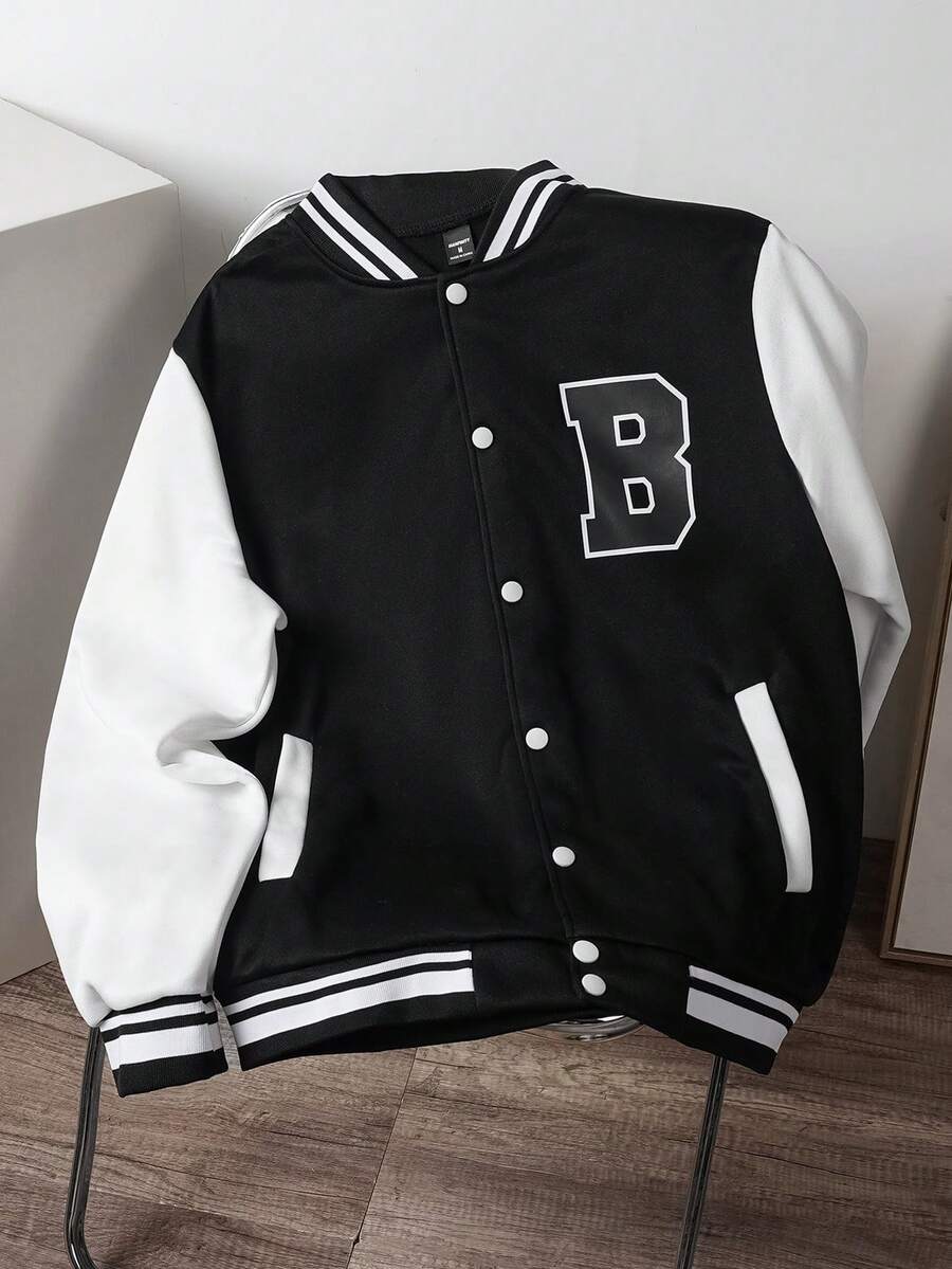 Manfinity Joysei 男士休闲简约时尚夹克，外出复古朋友图案长袖运动夹克，撞色夹克，适合朋友、丈夫、男朋友的礼物，适合秋季 - 黑與白 - 查看 1