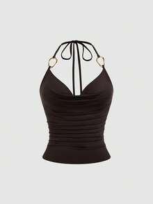 Sweetra Plus Size Women Solid Color Pleated Halter Metal Clasp Backless Camisole - Brown - View 1