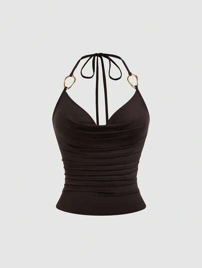 Sweetra 大码女式纯色褶皱吊带金属扣露背吊带衫