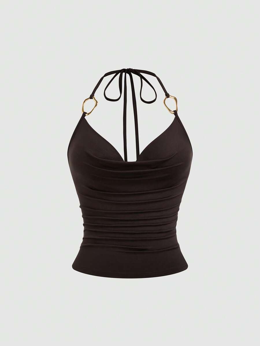 Sweetra Plus Size Women Solid Color Pleated Halter Metal Clasp Backless Camisole - Brown - View 1