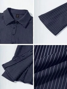 Women's Striped Print Simple Daily Long Sleeve Blouse Women Shirt - Navy Blue - View 8