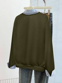 Franclia Sweatshirt Wanita Kasual Bergaris dengan Motif Patchwork dan Bahu Longgar, Musim Gugur - Hijau Tentara - View 2