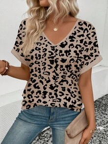 EMERY ROSE Camiseta casual de mujer con cuello en V y estampado de leopardo, primavera/verano - Multicolor - Ver 6
