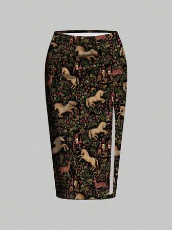 Fairycore Jupe gothique de style Mori avec fente haute sexy, imprimé intégral, grande taille