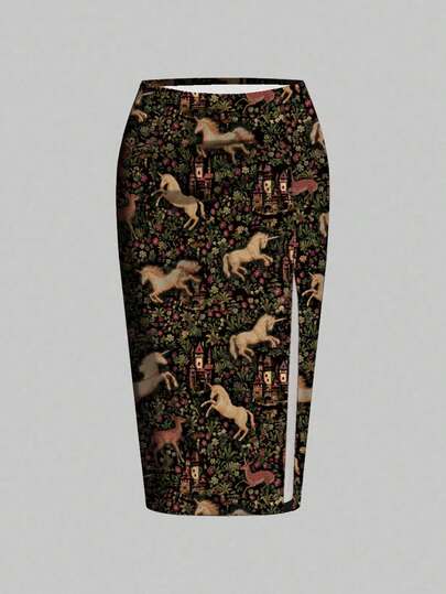 Fairycore Gothic Palast Dunkel Pferd Mori Stil geraffter hoher Schlitz sexy Allover-Muster Maxirock in Große Größen