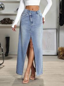 Jeanoix 女士不对称腰部口袋开衩下摆休闲牛仔裙 - 黑色 - 查看 4