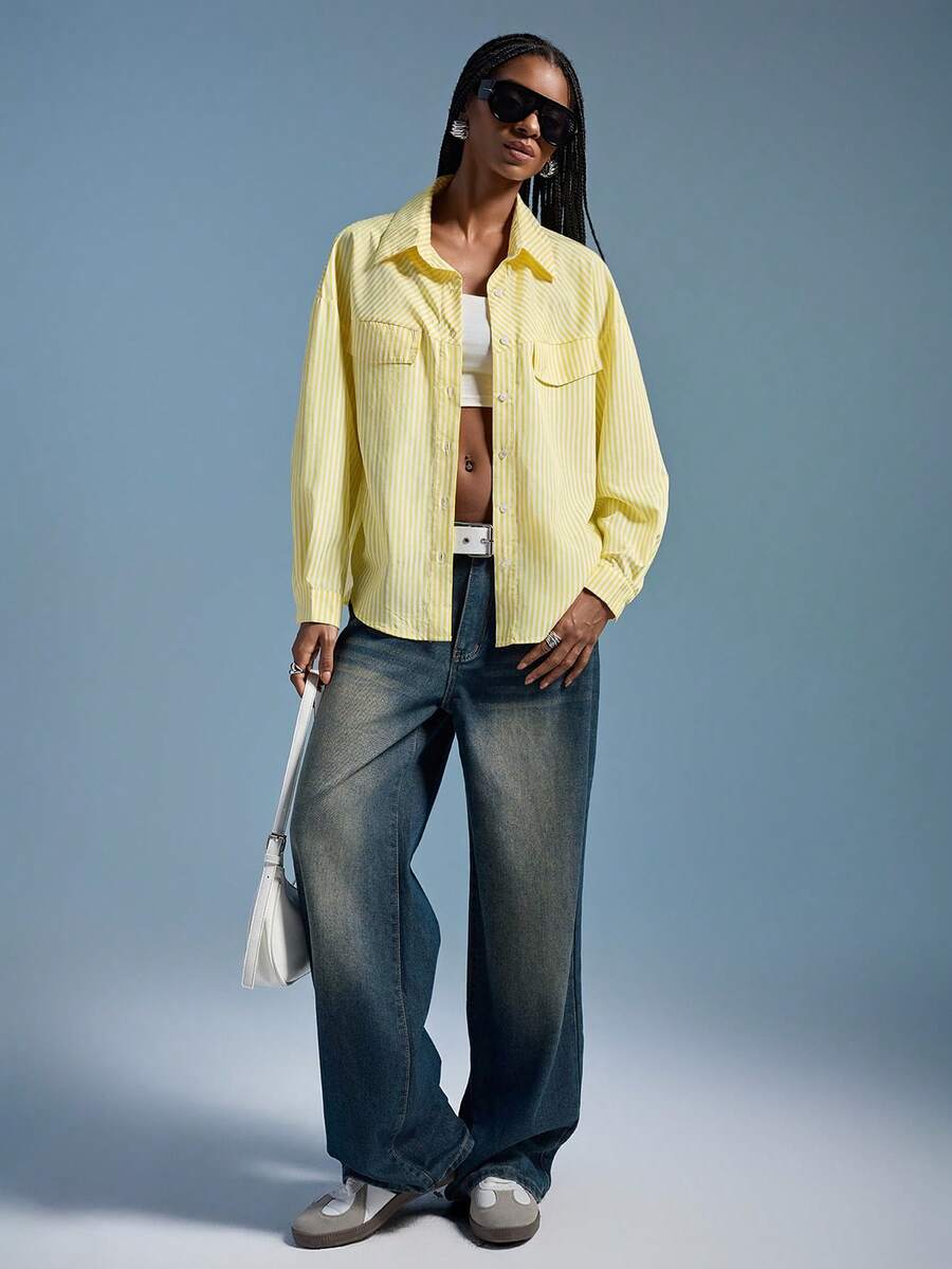 Aveloria Affinna Elegant European Style Loose Fit Drop Shoulder Striped Decorative Flap Design Comfortable Women Blouse For Commuting