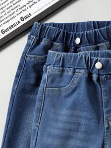 2条装男童休闲牛仔裤，时尚水洗蓝牛仔裤，厚实弹力面料，适合日常穿着和上学穿着，可爱百搭 - 藍色 - 查看 5