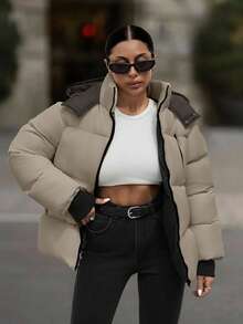 EURMUSE Hooded Zipper Detailed Contrast Rib Cuff Quilted Women's Casual Puffer Down Jacket - Mocha Brown - View 5