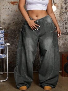 Quần jean ống rộng thêu chữ thời trang cỡ lớn - Xám - Xem 1