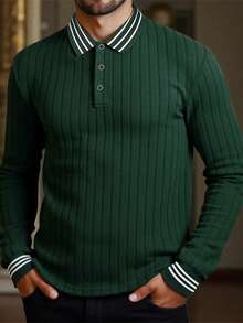 Manfinity Bizformal 男士秋季长袖Polo衫，男士绿色Polo衫，男士罗纹Polo衫，男士纽扣Polo衫，男士商务Polo衫，适合日常外出、朋友聚会、通勤，送给男友或丈夫的绝佳礼物 - 綠色 - 查看 1