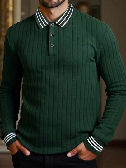 Manfinity Bizformal Men's Autumn Long Sleeve Polo Shirt, Men's Green Polo Shirt, Men's Ribbed Polo Shirt, Men's Button Polo Shirt, Men's Business Polo Shirt, Suitable For Daily Outings, Gatherings With Friends, Commuting, Great Gift For Boyfriend Or Husband
