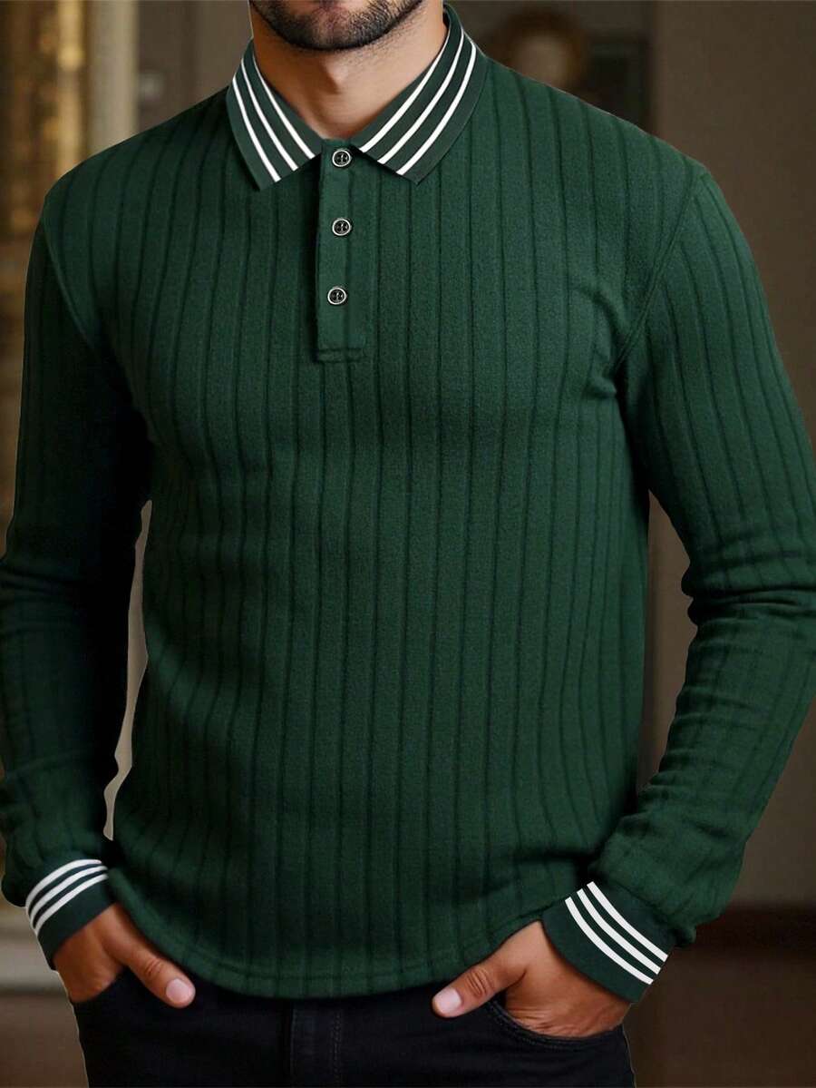 Manfinity Bizformal 男士秋季长袖Polo衫，男士绿色Polo衫，男士罗纹Polo衫，男士纽扣Polo衫，男士商务Polo衫，适合日常外出、朋友聚会、通勤，送给男友或丈夫的绝佳礼物 - 綠色 - 查看 1