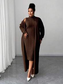 Maweii Plus Size Women Solid Color Cable Knit Elegant Dress Cardigan Two Pieces Set - Coffee Brown - View 1