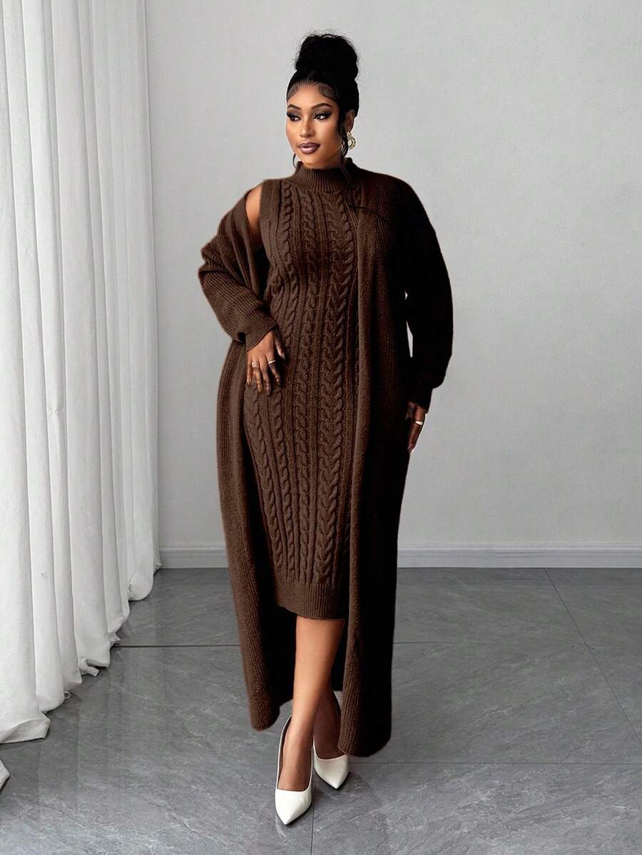 Maweii Plus Size Women Solid Color Cable Knit Elegant Dress Cardigan Two Pieces Set - Coffee Brown - View 1