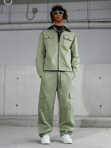 PAVTROS 男士休闲拉链夹克和阔腿裤套装 - 軍綠色 - 查看 3