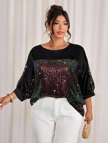 Cravure Plus Size Sequin Patchwork Satin Round Neck 3/4 Sleeve Loose Casual Blouse, Suitable For Outing, Party, Gathering - Multicolor - View 4