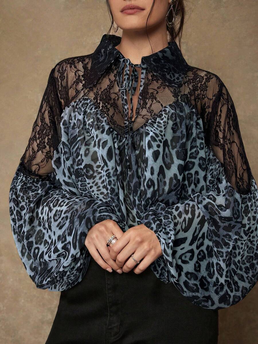 Freevana 大码女式撞色蕾丝豹纹灯笼袖单排扣宽松时尚衬衫 - 藍色 - 查看 1