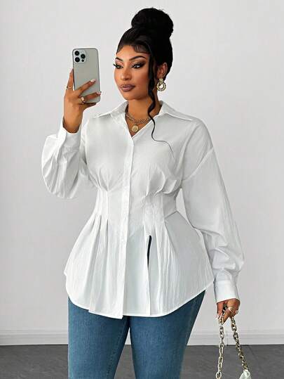 Maweii Plus Size White Waist Cinching Hollow Out Design Elegant Commuter Youthful Chic Long Sleeve Blouse