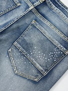 ROMWE MEN Quần Jeans Denim Nam Đa Năng Có Túi Đính Đá Rhinestone Trang Trí Thường Ngày - Màu xanh lam - Xem 8