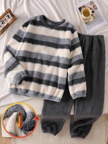 Teen Boys Gray White Striped Fleece Loungewear Set,Round Neck Long Sleeve 2-Piece Combo,Autumn Winter New Year Holiday Essential Social Media Style - Grey - View 6