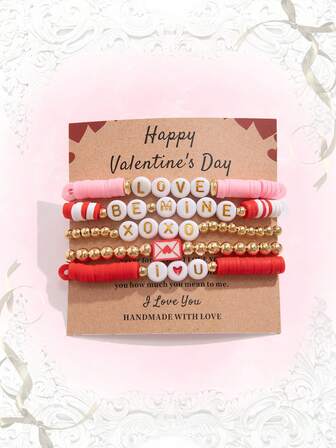 Kawaii 5 Stücke romantisches Valentinstag Armband Set, LOVE/XOXO Perlen Elastik Armbänder, Geschenk für Familie, Freunde, Klassenkameraden, Liebhaber, Feiertag