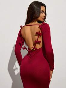 INAWLY 女士纯色性感透视网纱拼接镂空蝴蝶结装饰露背派对长款美人鱼连衣裙 - 酒紅色 - 查看 1