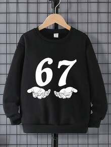 SHEIN Tween Boy Autumn/Winter Casual Fashion Creative Personalized Refreshing High-End Minimalist Graphic 67 Number Print Cozy Crew Neck Sweatshirt, Comfortable For Tween Boys, Suitable For Fall & Winter - Black - View 3