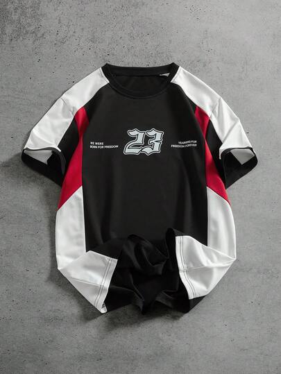 PAVTROS 男士休闲运动拼色字母印花落肩宽松 T 恤，夏季