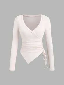 Sweetra 女士不对称灰色上衣和阔腿裤两件套，春夏款 - 杏色 - 查看 4