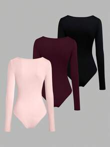 Sweetra 3pcs/Set Women's Long Sleeve Bodysuit In Apricot, Coffee Brown, Black, Slim Fit Minimalist Commuter Versatile - Multicolor - View 2