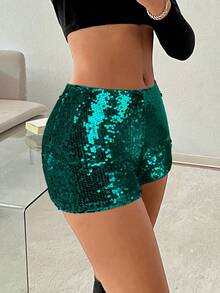 SHEIN EZwear 女士亮片低腰超短裤，派对装 - 墨綠色 - 查看 3