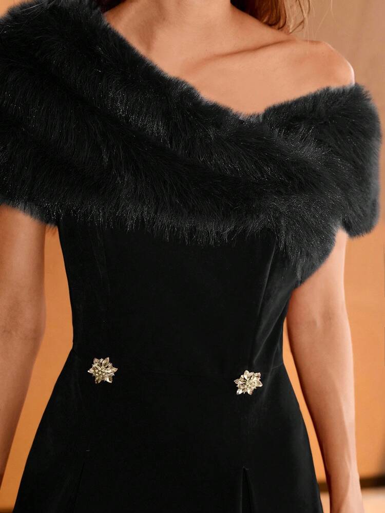 ASYMMETRICAL SHOULDER FAUX FUR COLLAR WAIST RHINESTONE BUCKLE DECOR VELVET MINI DRESS, AUTUMN/WINTER PARTY