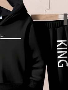 SHEIN 男童宽松休闲连帽卫衣套装（2件套），经典条纹阶梯图案及King文字印花，适合秋冬季穿着 - 黑色 - 查看 4