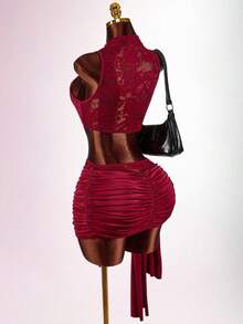 Amplova 2026新款蕾丝透视性感内衣套装，前系带裙装，女士款 - 紅色 - 查看 2