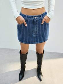 Maija 女士条纹牛仔迷你裙，都市通勤商务休闲风，优雅百搭，适合感恩节、圣诞节、新年派对等场合，休闲时尚牛仔裙 - 中等水洗藍 - 查看 6